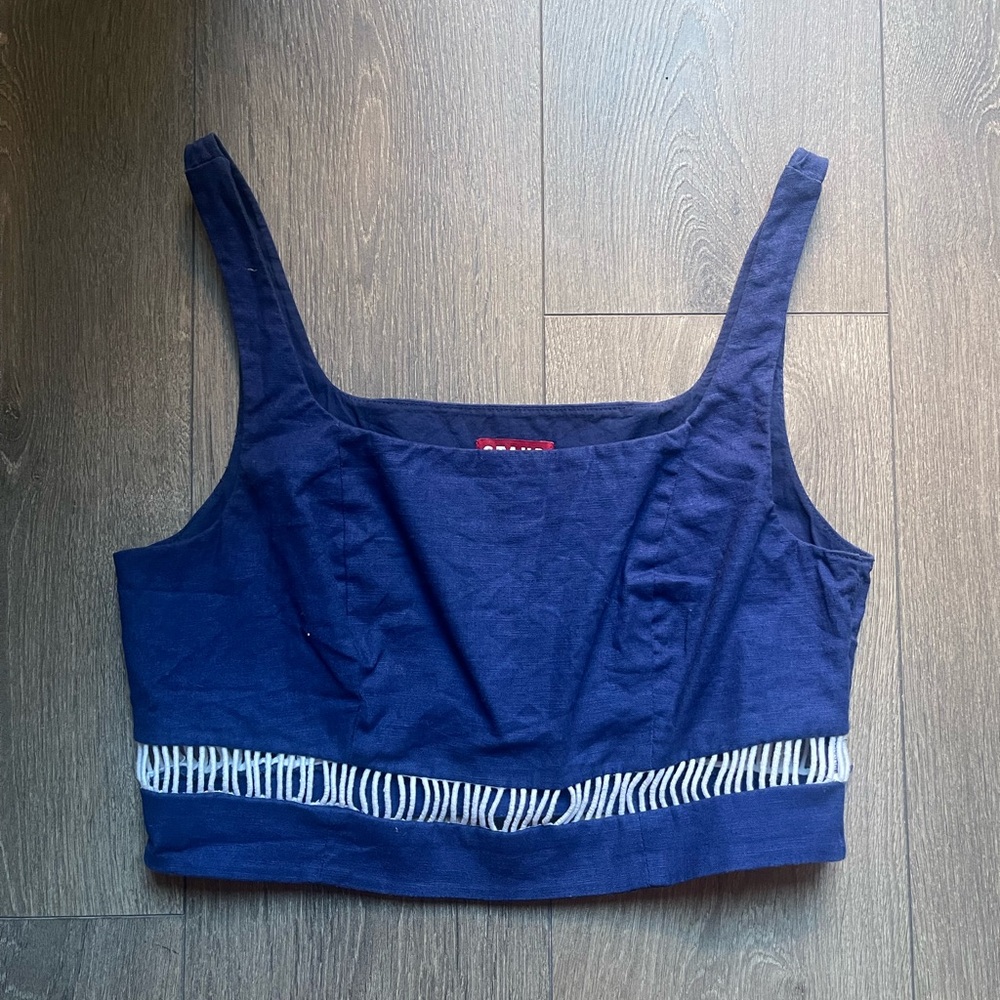 STAUD Revolve Women's 8 Mantis Top Crop Tank Cotton Linen Blend in Midnight